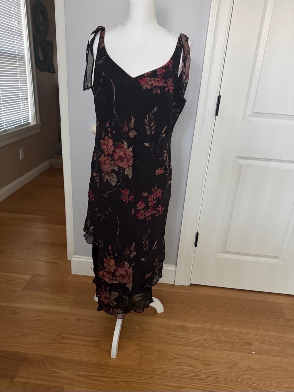 Evan Picone Black Floral Slip Dress with Tie Straps